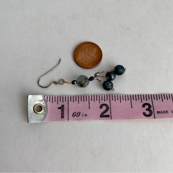 Vintage Rutilated Quartz Earrings Iridescent Peacock Blue Green Beaded Handmade - Picture 8 of 8